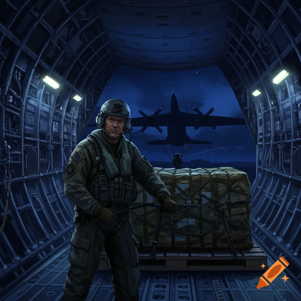 Illustration of a C-130 loadmaster in uniform inside a cargo plane at night, with another C-130 visible outside the ramp.