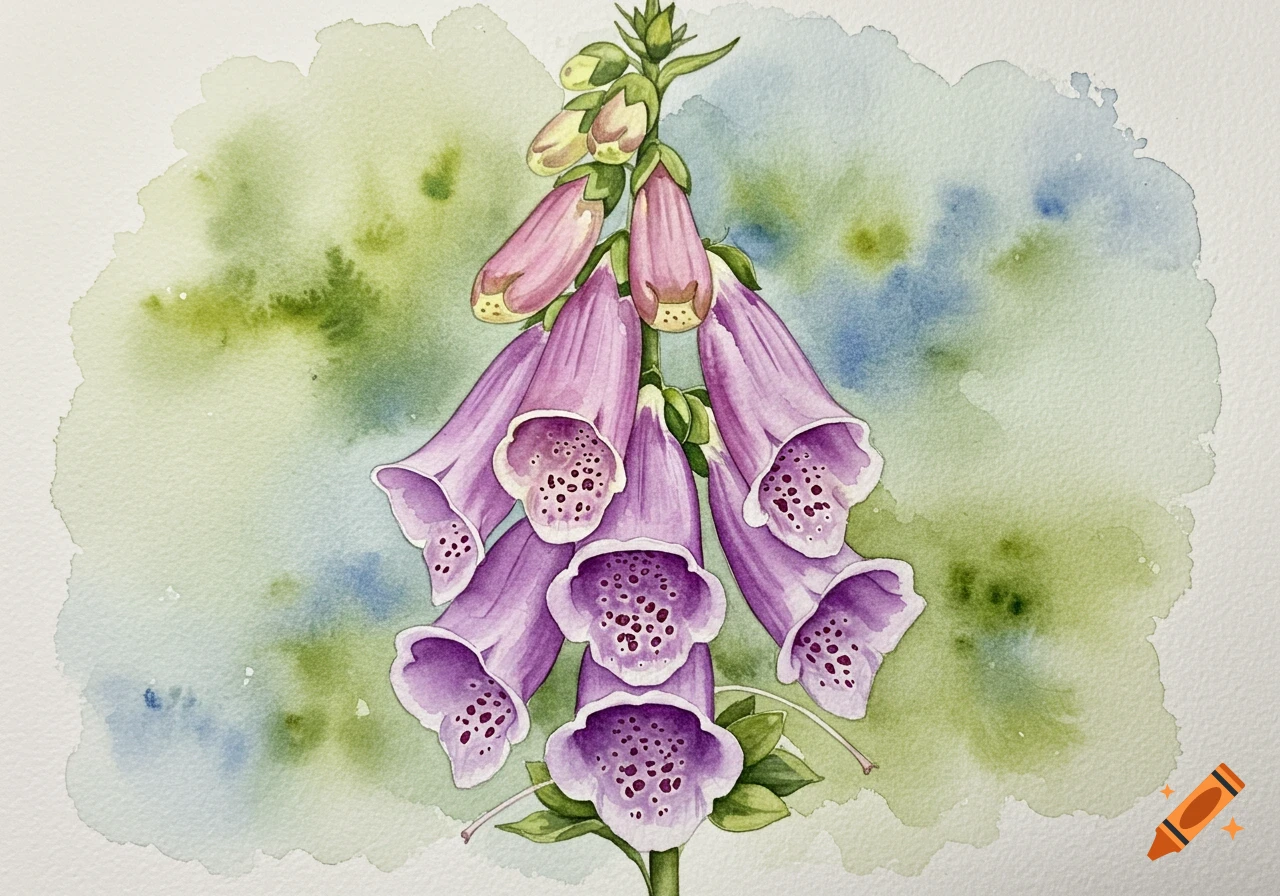 A vibrant watercolor painting of a purple foxglove flower with green leaves and a blurred green and blue background.