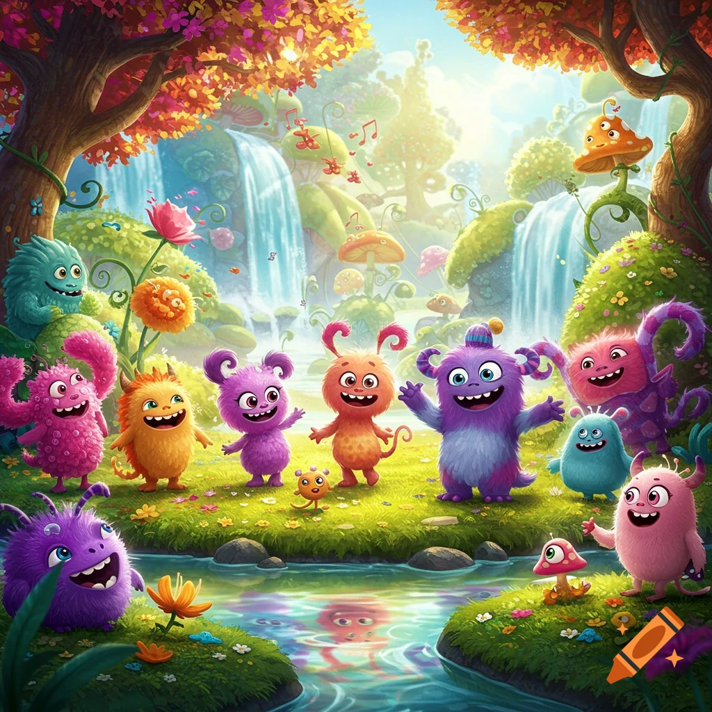 A group of colorful, friendly, cartoon-like monsters with big smiles gather in a vibrant fantasy forest with waterfalls and lush greenery.