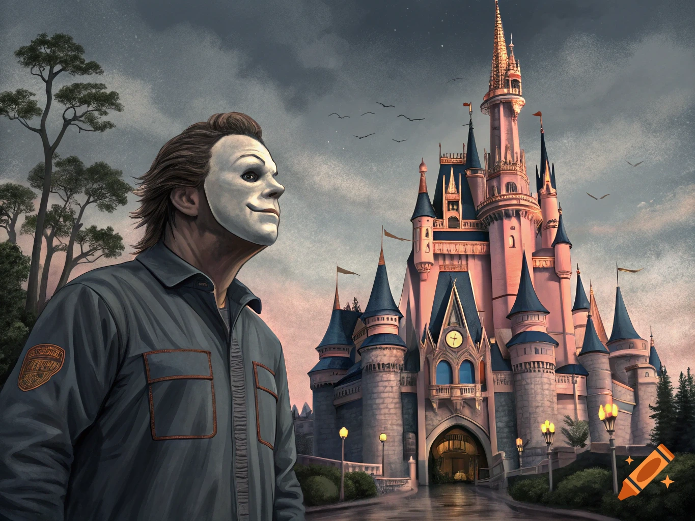 Michael Myers stands in front of a large pink Disney-style castle under a dramatic cloudy sky, in a stylized illustration.