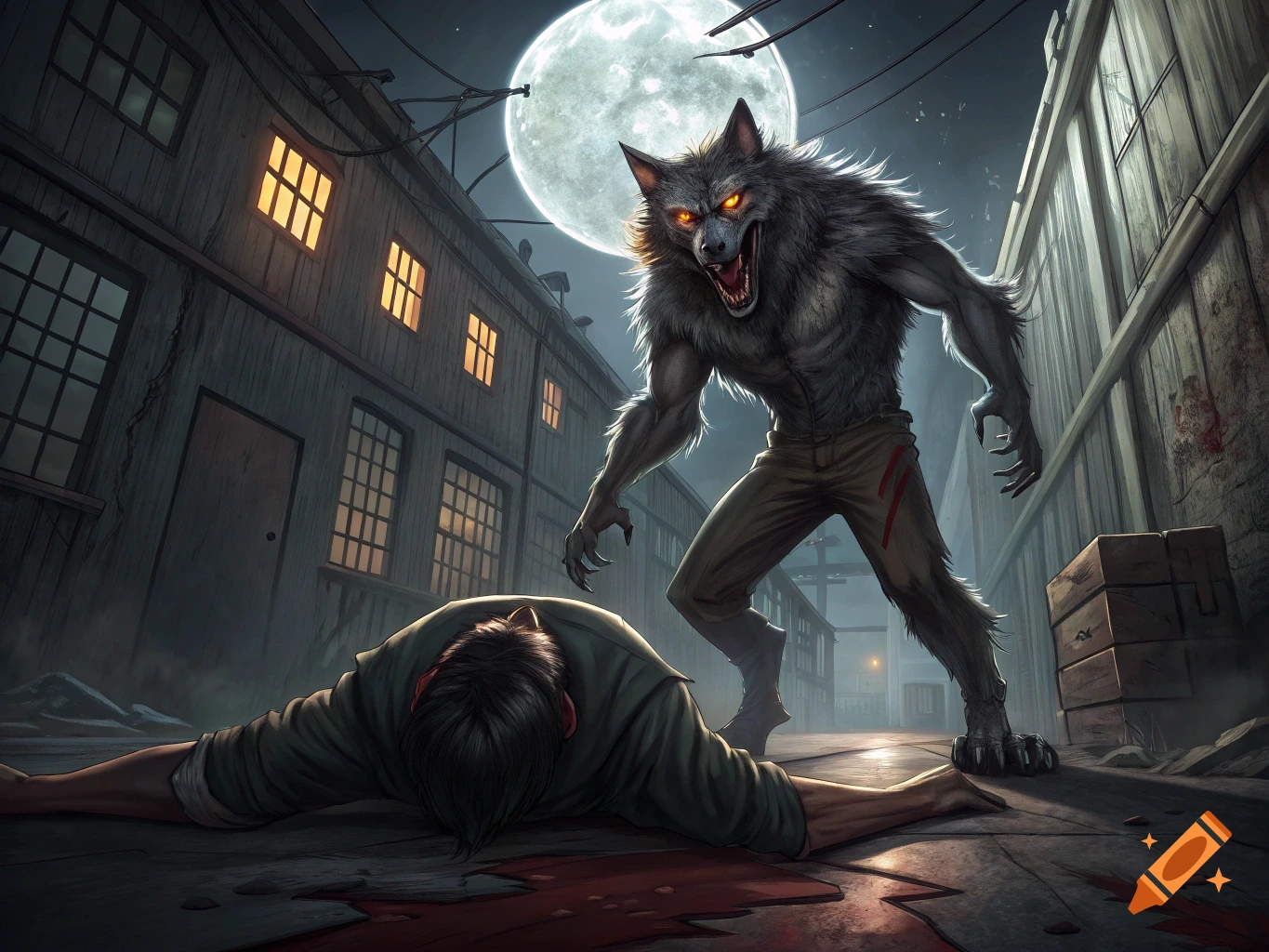 A monstrous werewolf with glowing orange eyes stands over a fallen person in a dark, grimy alley under a full moon, in a digital illustration style.