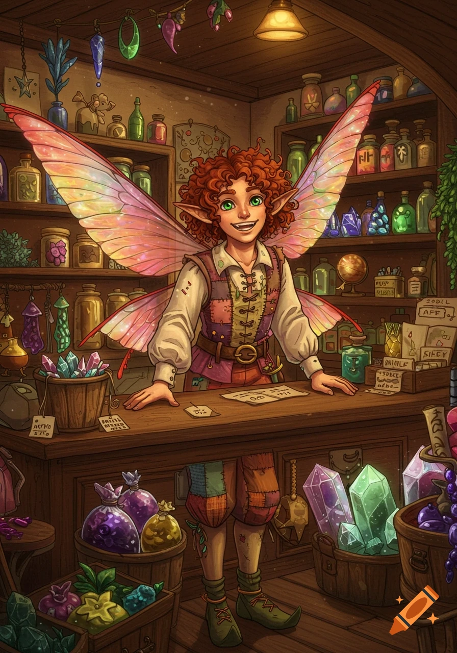 A cheerful male pixie shopkeeper with curly red hair and colorful wings stands behind a counter in a magical shop filled with bottles and crystals.
