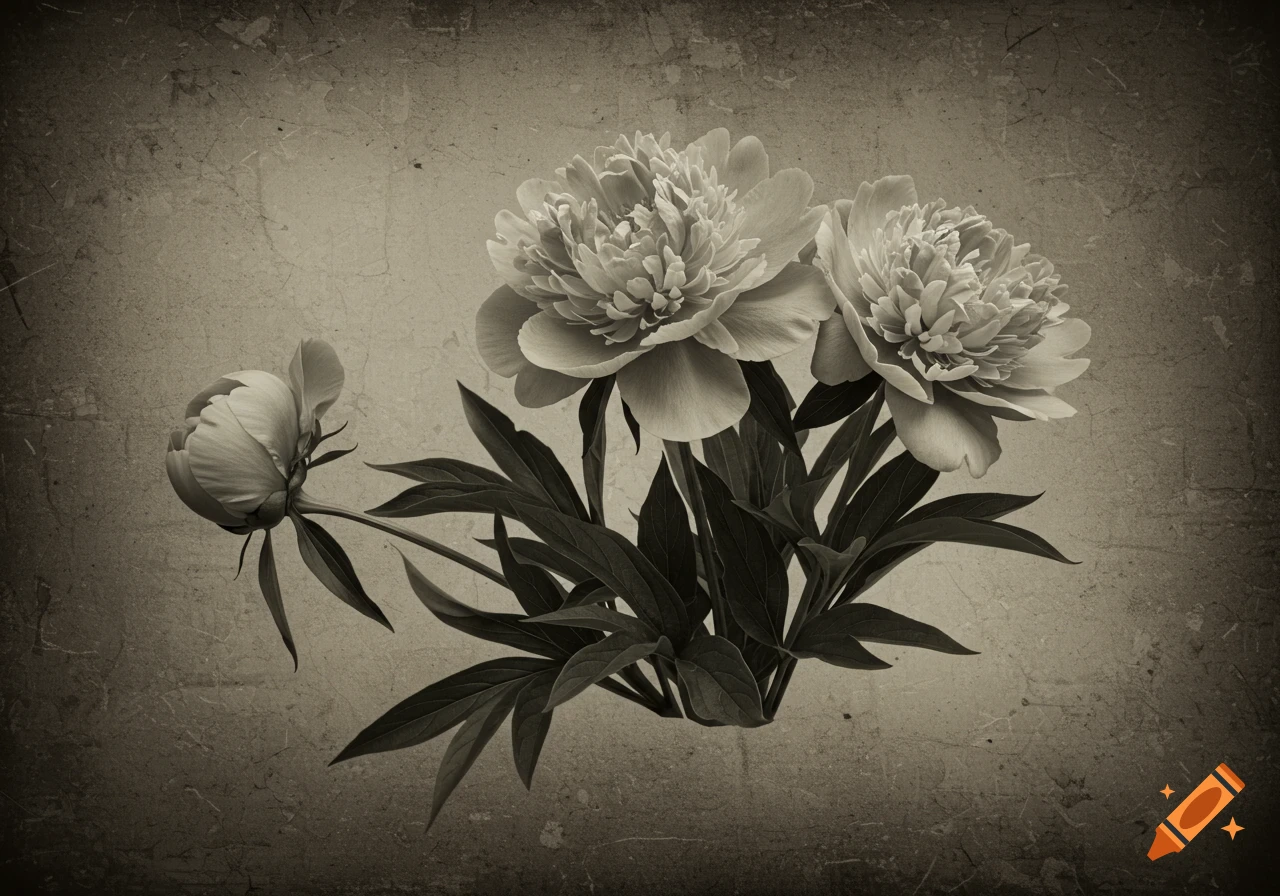 A sepia-toned photograph depicts a cluster of peonies with lush leaves against a textured, vintage-style background.