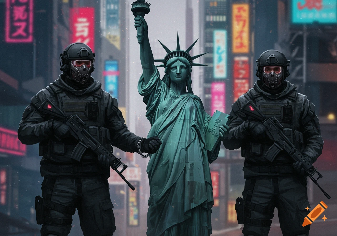 Two masked soldiers arrest the Statue of Liberty in a futuristic city setting with neon signs.