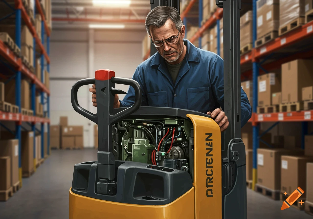 A male mechanic inspects an electric pallet jack in a warehouse.
