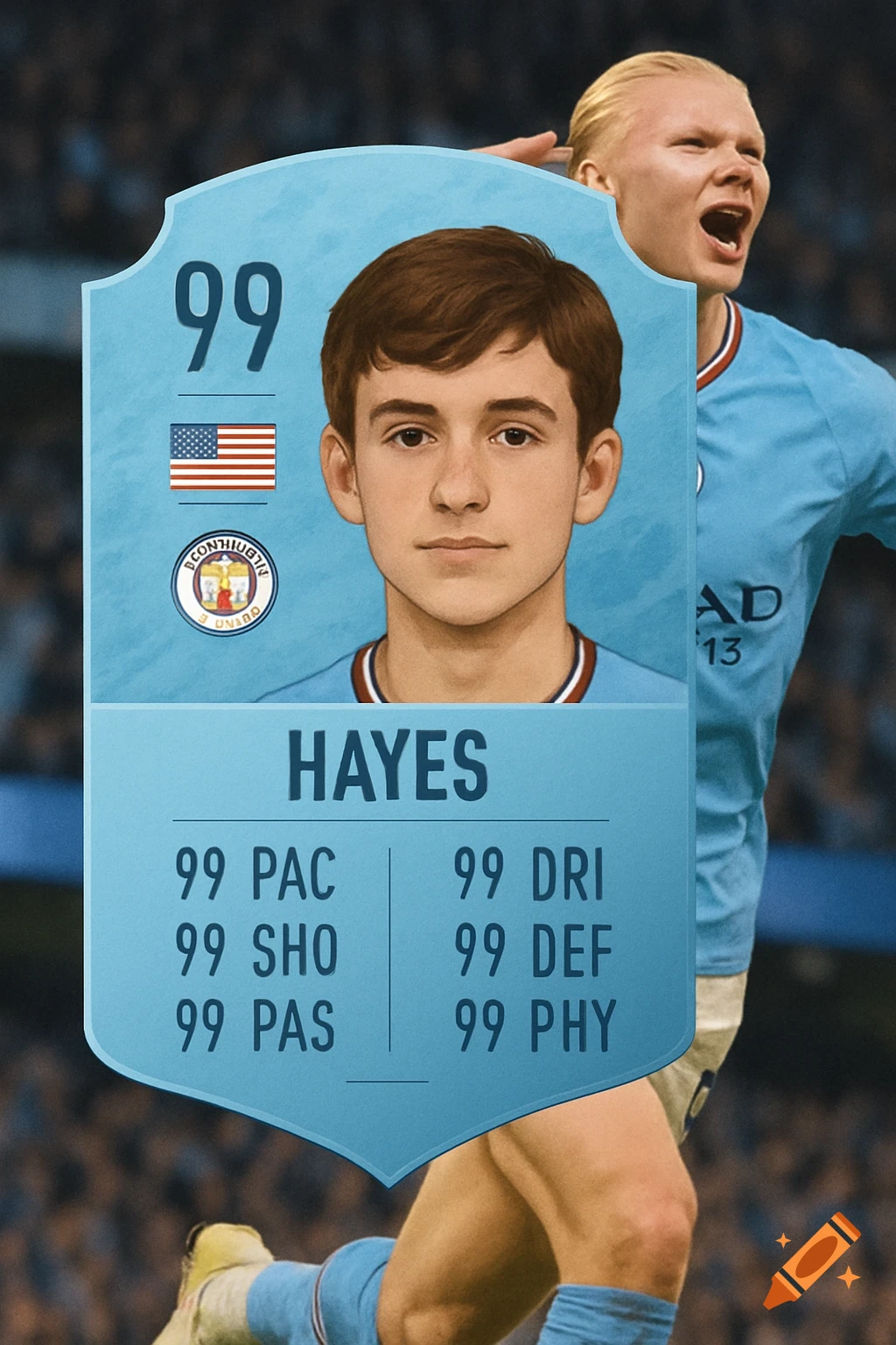 A light blue FIFA ultimate team card with player Hayes, an American flag, and 99 stats, in front of a celebrating Erling Haaland.