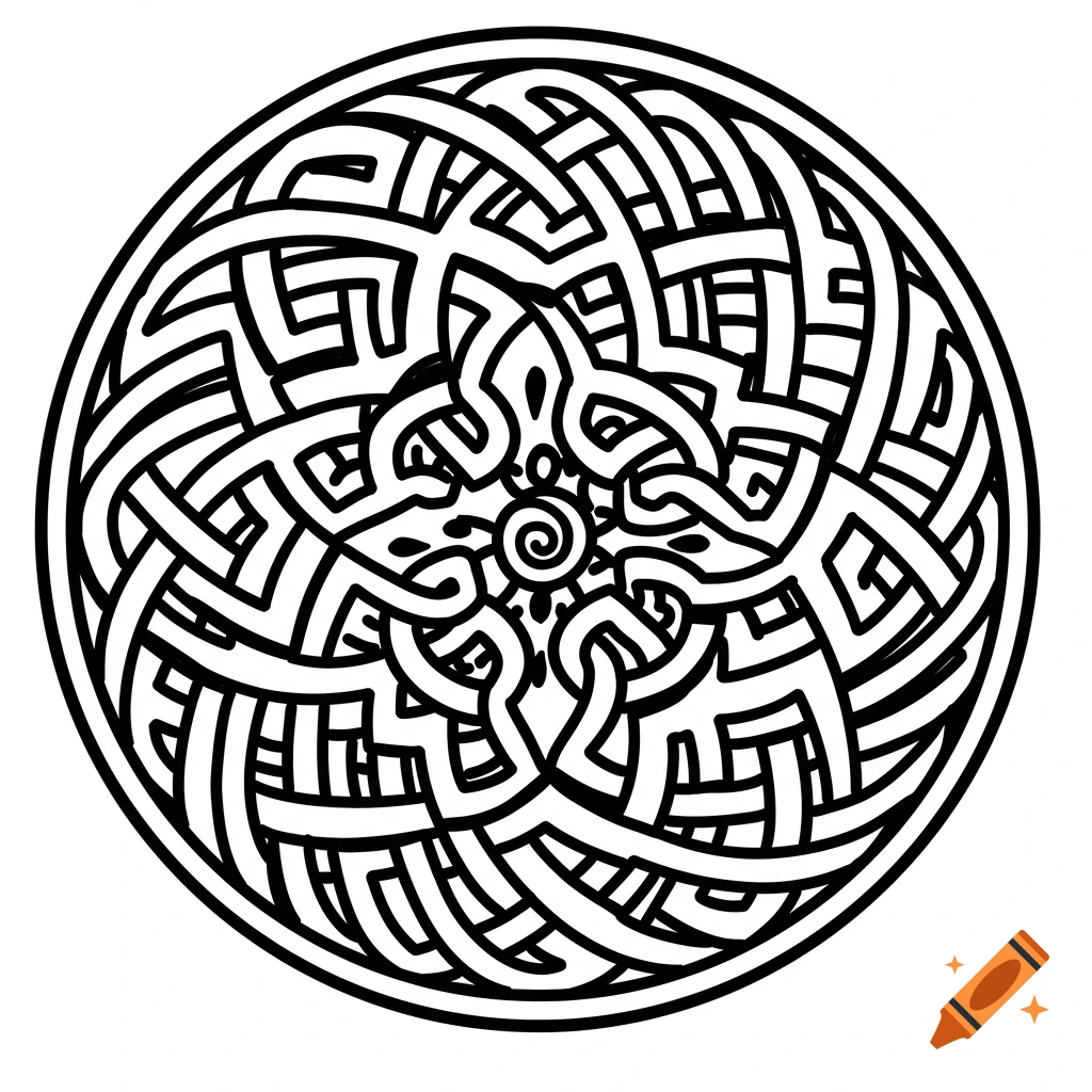 A black and white line drawing of a circular Celtic knot pattern.