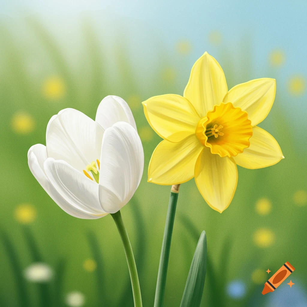 A white tulip stands next to a yellow daffodil in a green field under a light blue sky, digital illustration.