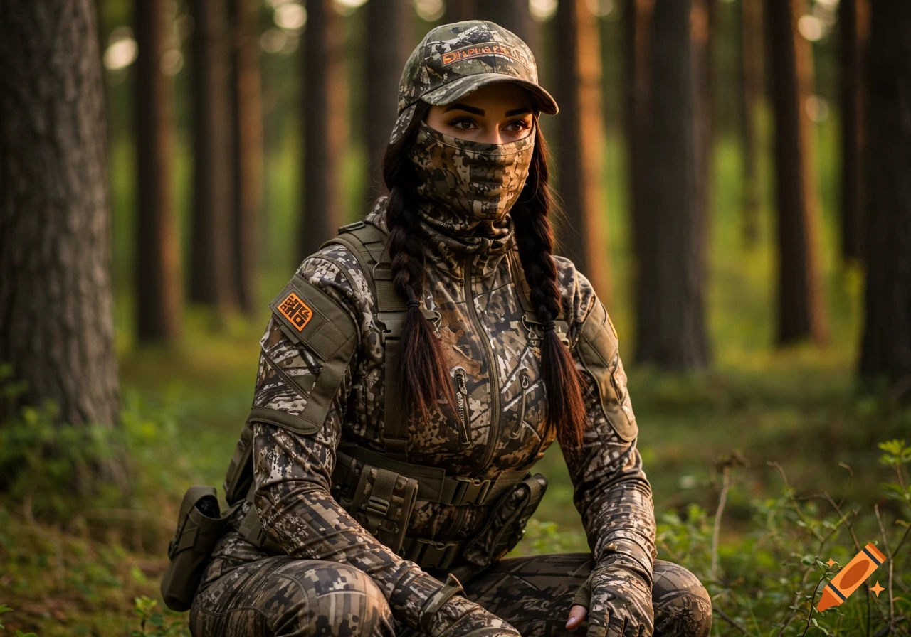 A photorealistic image of a female hunter in camouflage gear and a balaclava, crouching in a forest during golden hour.