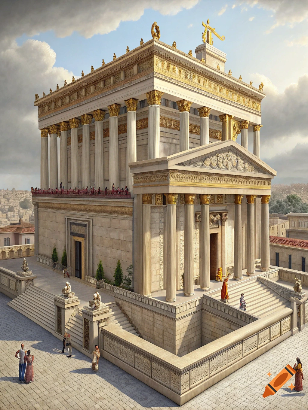 A grand ancient temple with columns and gold accents, set under a cloudy sky. Small figures stand on the steps and plaza.