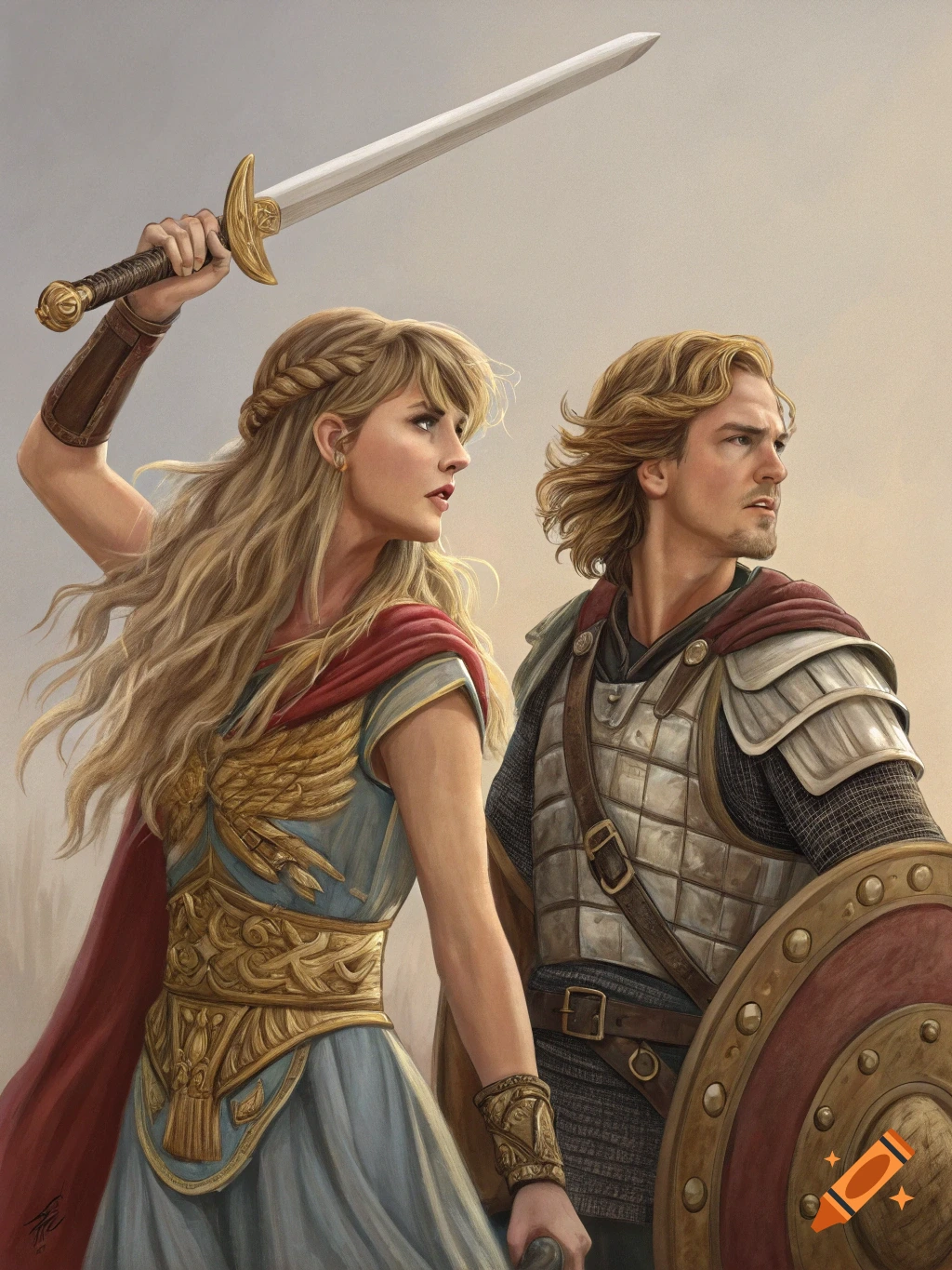 A digital painting of a female warrior resembling Taylor Swift with a raised sword, standing beside a male warrior resembling Alexander the Great with a shield.