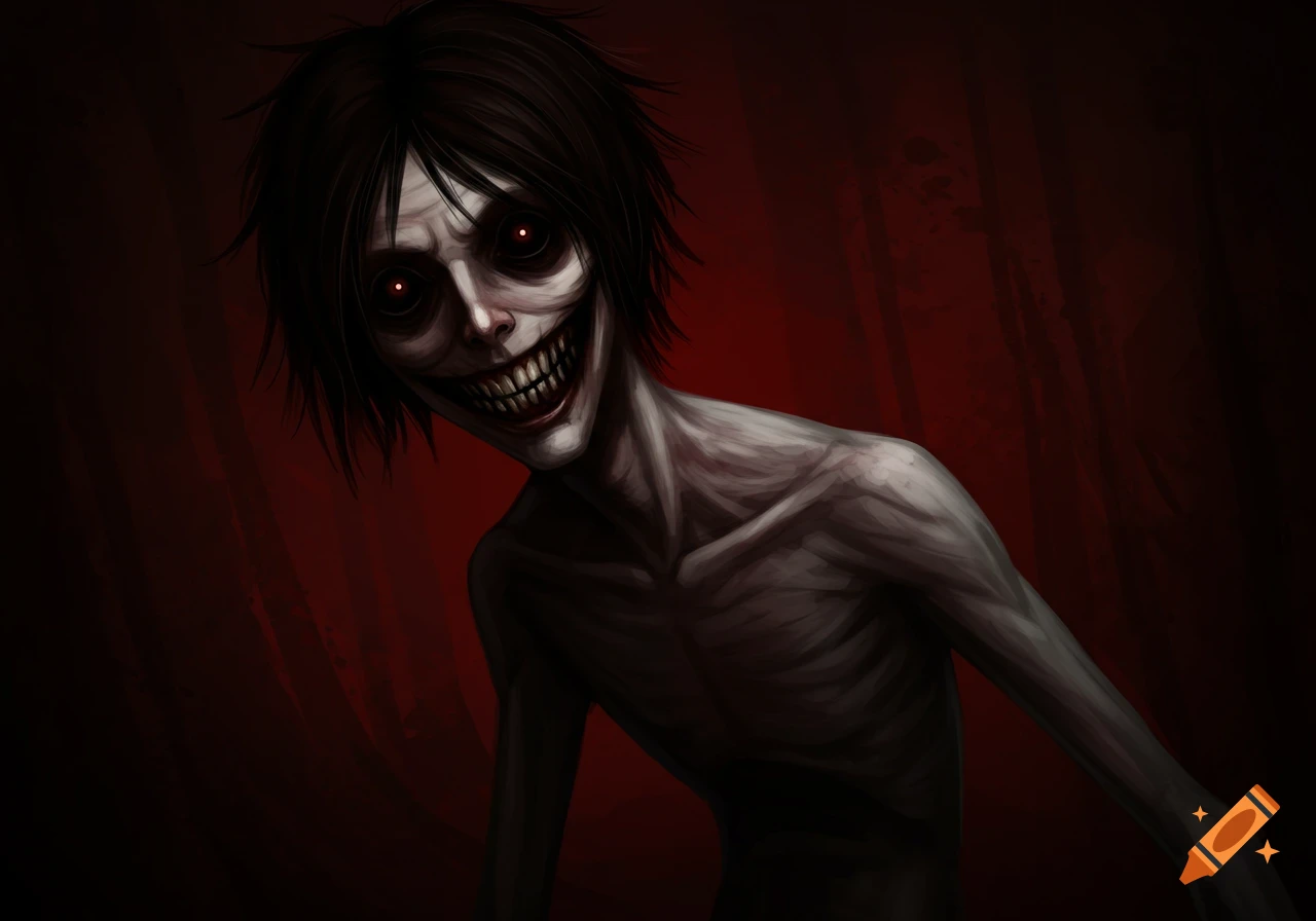 A creepy, emaciated figure with glowing red eyes and a wide, toothy grin against a dark red background.