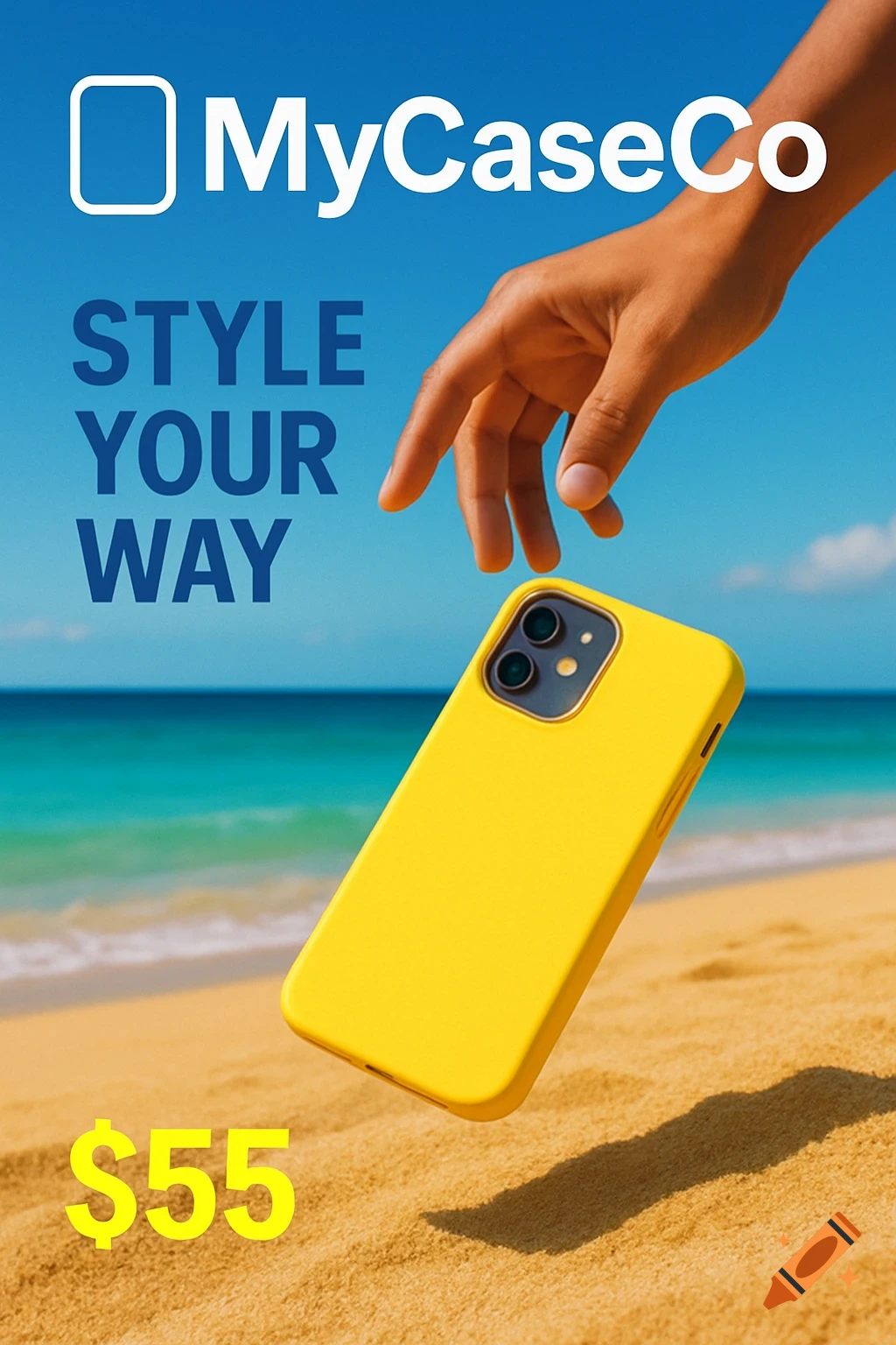 A vibrant yellow phone case floats above a sandy beach, with a hand reaching towards it. Text MyCaseCo, Style Your Way, and $55 are overlaid on the bright blue sky.