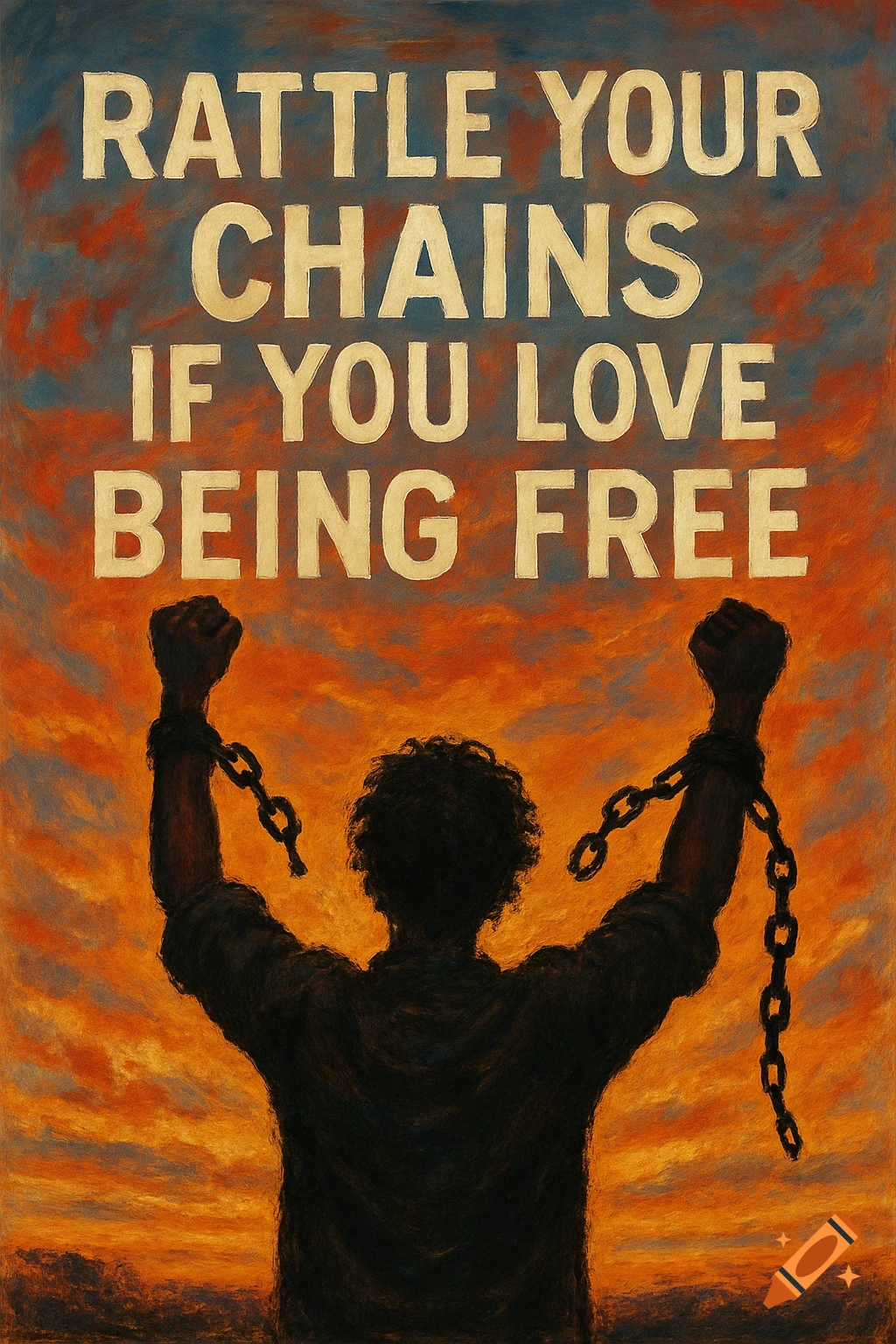 A silhouette of a person with raised arms, breaking chains against a vibrant sunset sky, with text "RATTLE YOUR CHAINS IF YOU LOVE BEING FREE" above.