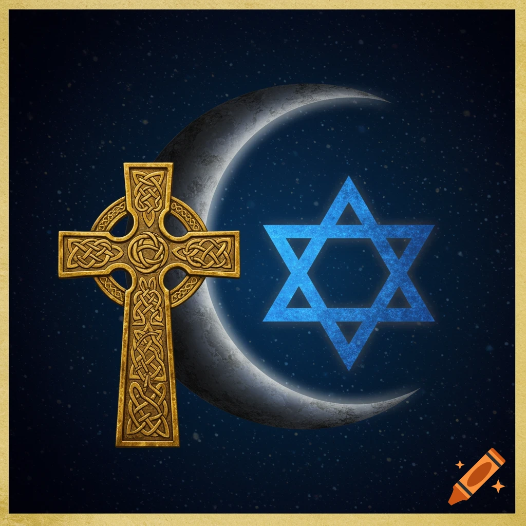 A golden Celtic cross and a blue Star of David are superimposed over a gray crescent moon against a dark, starry night sky.