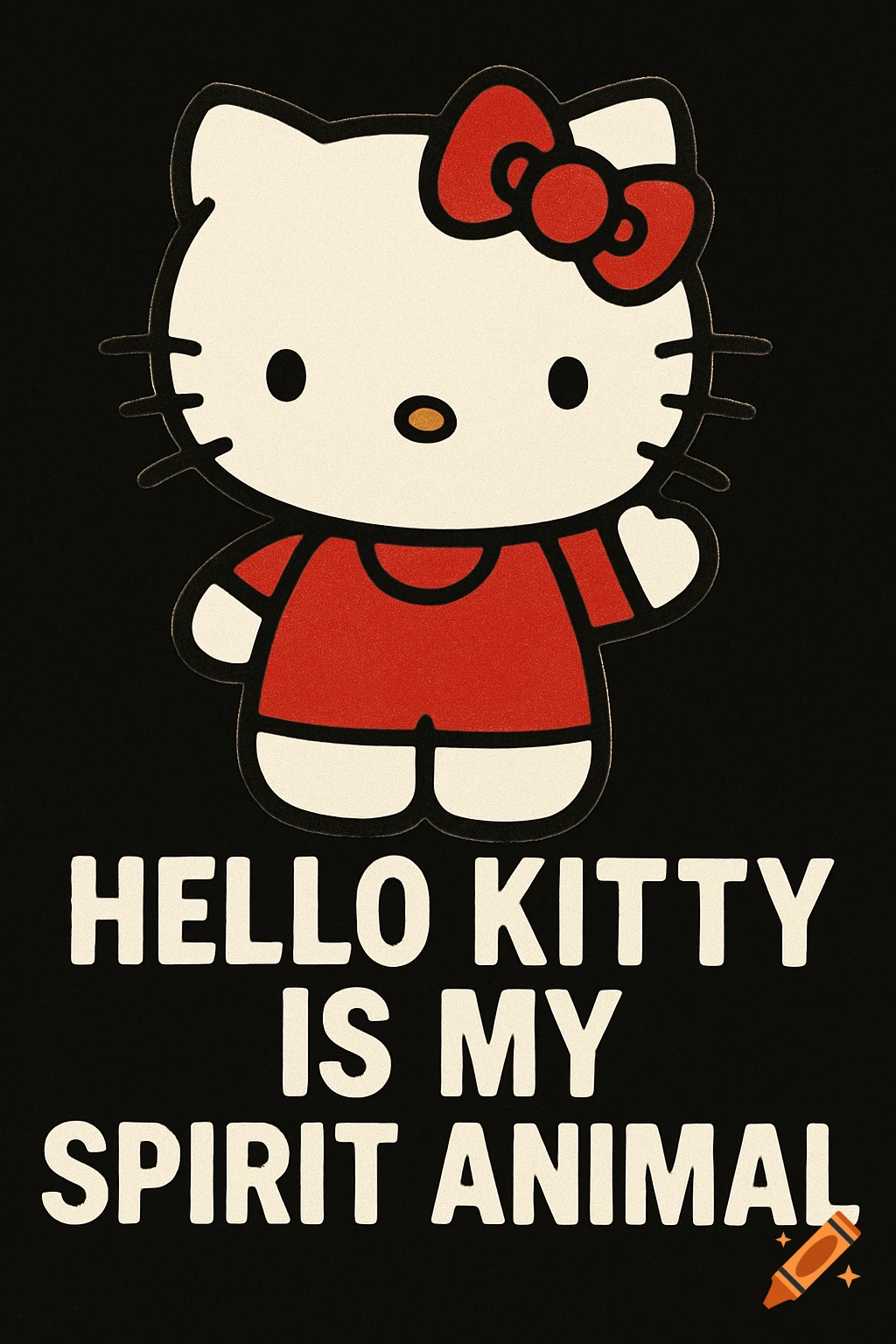 An illustration of Hello Kitty in a red outfit with the text "HELLO KITTY IS MY SPIRIT ANIMAL" below it on a black background.
