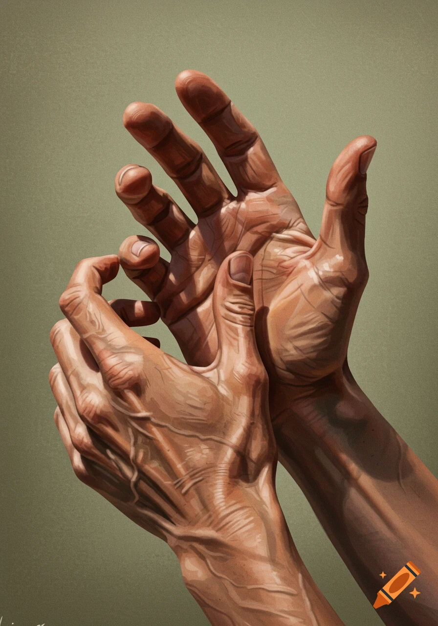 Close-up digital painting of two intertwined human hands, showing detailed skin texture and prominent veins.