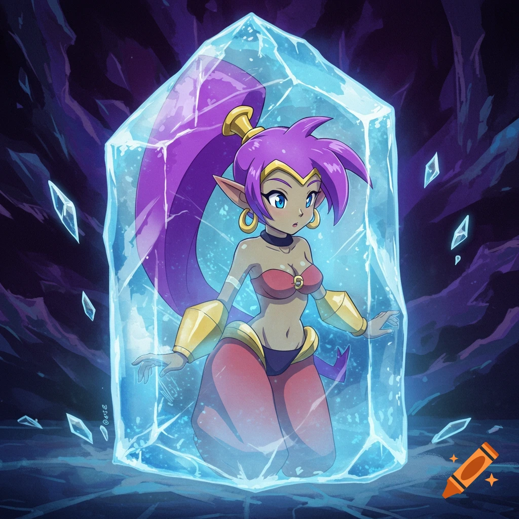 Shantae, a genie character with purple hair and a red bikini top, is frozen inside a glowing blue ice block in a dark cave, in an anime style.