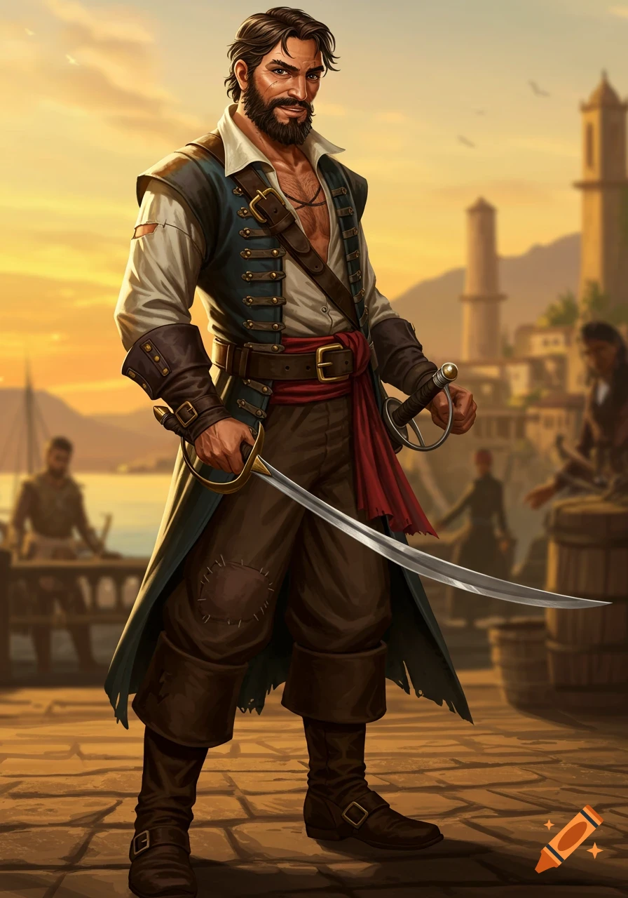 A charismatic bearded male swashbuckler in pirate attire holds a scimitar, standing on a dock at sunset.