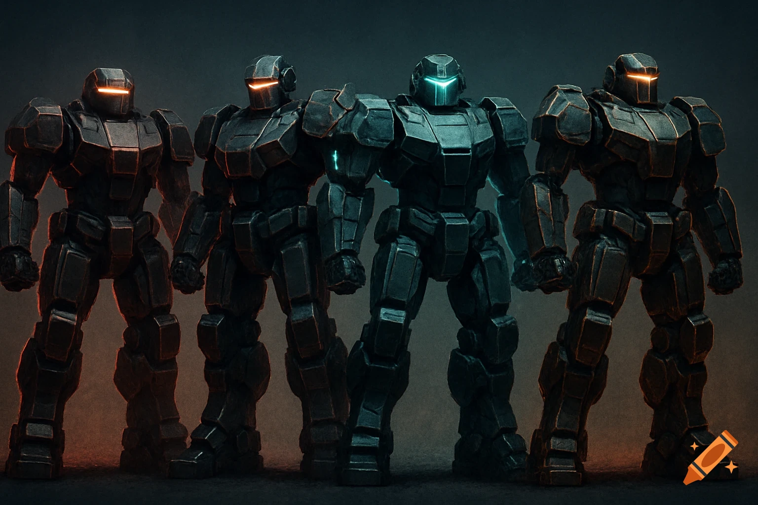 Four dark, strong robots with glowing neon eyes stand in a row in a poster-like image.