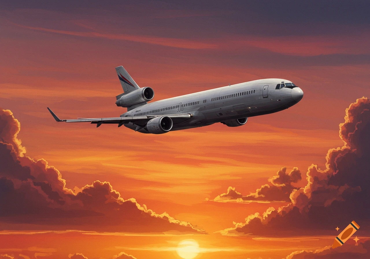 A large white passenger jet flies through an orange and red sky at sunset, with clouds below. Illustrated style.
