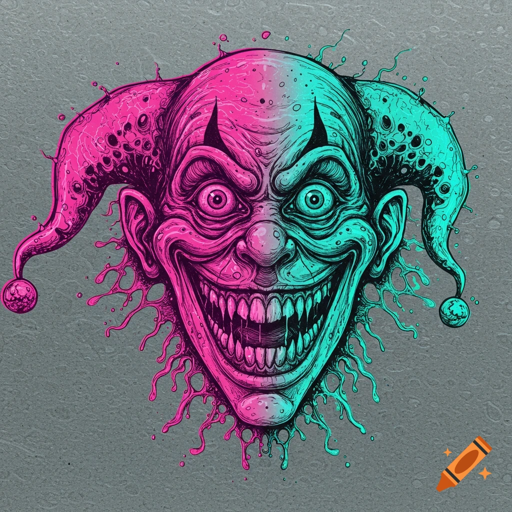 A vibrant, unsettling magenta and cyan illustration of a monstrous jester's face with sharp teeth and wild eyes.