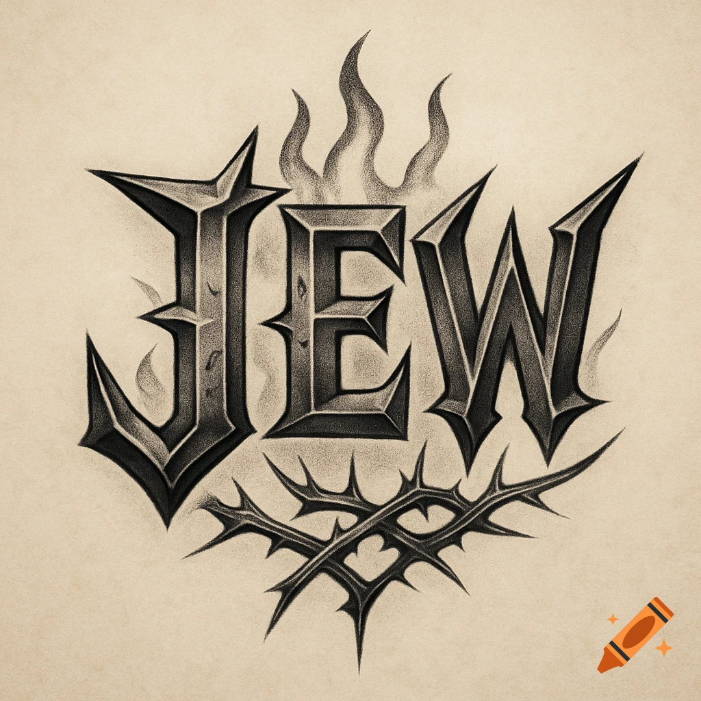 Stylized black and white tattoo design featuring the letters JEW in a sharp, angular metal font with flames and thorny vines.