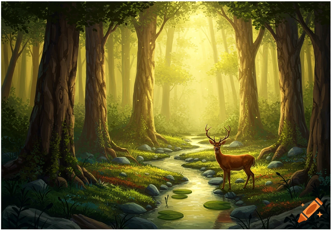A deer stands by a winding stream in a vibrant, sunlit forest illustration.