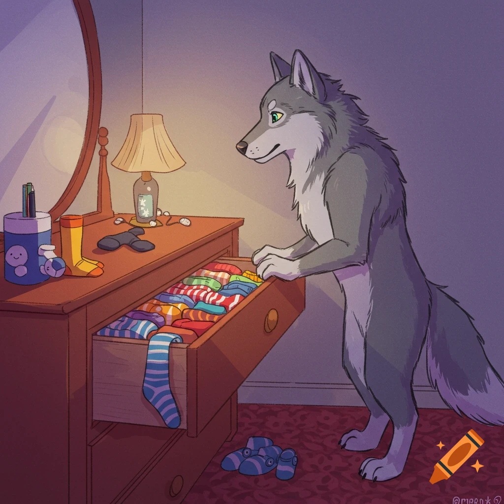 A gray anthropomorphic wolf stands at a wooden dresser, looking into an open drawer filled with colorful socks. Cartoon illustration.