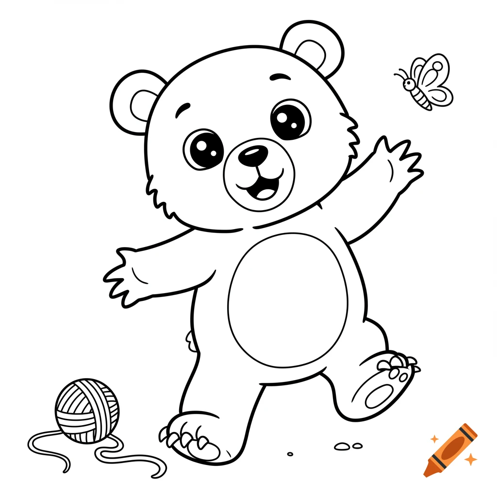 A black and white cartoon drawing of a happy bear, a butterfly, and a ball of yarn, suitable for a coloring book.