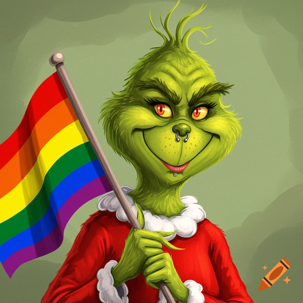 A cartoon Grinch with a nose and lip piercing, wearing a red coat and holding a rainbow flag.