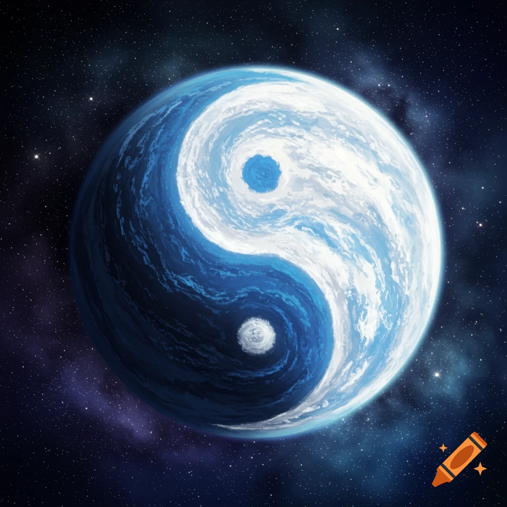 A blue and white planet in outer space stylized as a Yin Yang symbol.