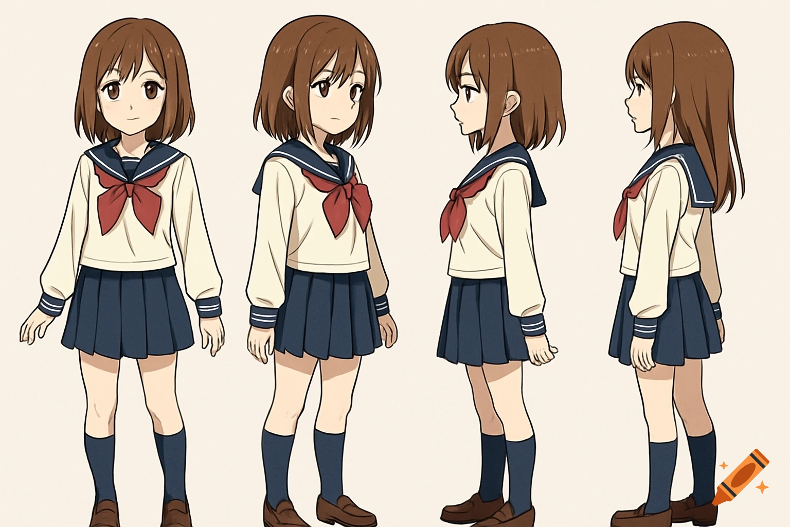 Four full-body views of a brown-haired anime girl in a school uniform character reference sheet.