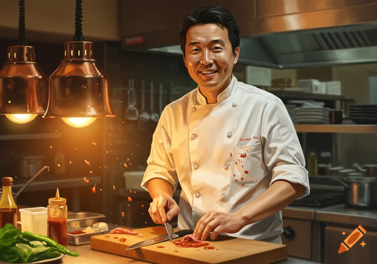 A male chef smiles while slicing red meat on a cutting board in a brightly lit kitchen.