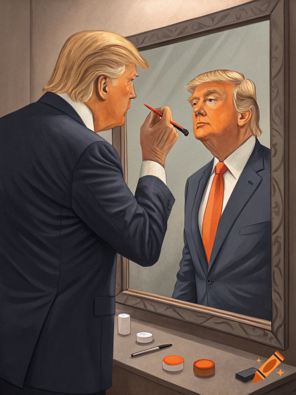An illustration of Donald Trump in a suit, applying orange makeup to his face while looking in a mirror.