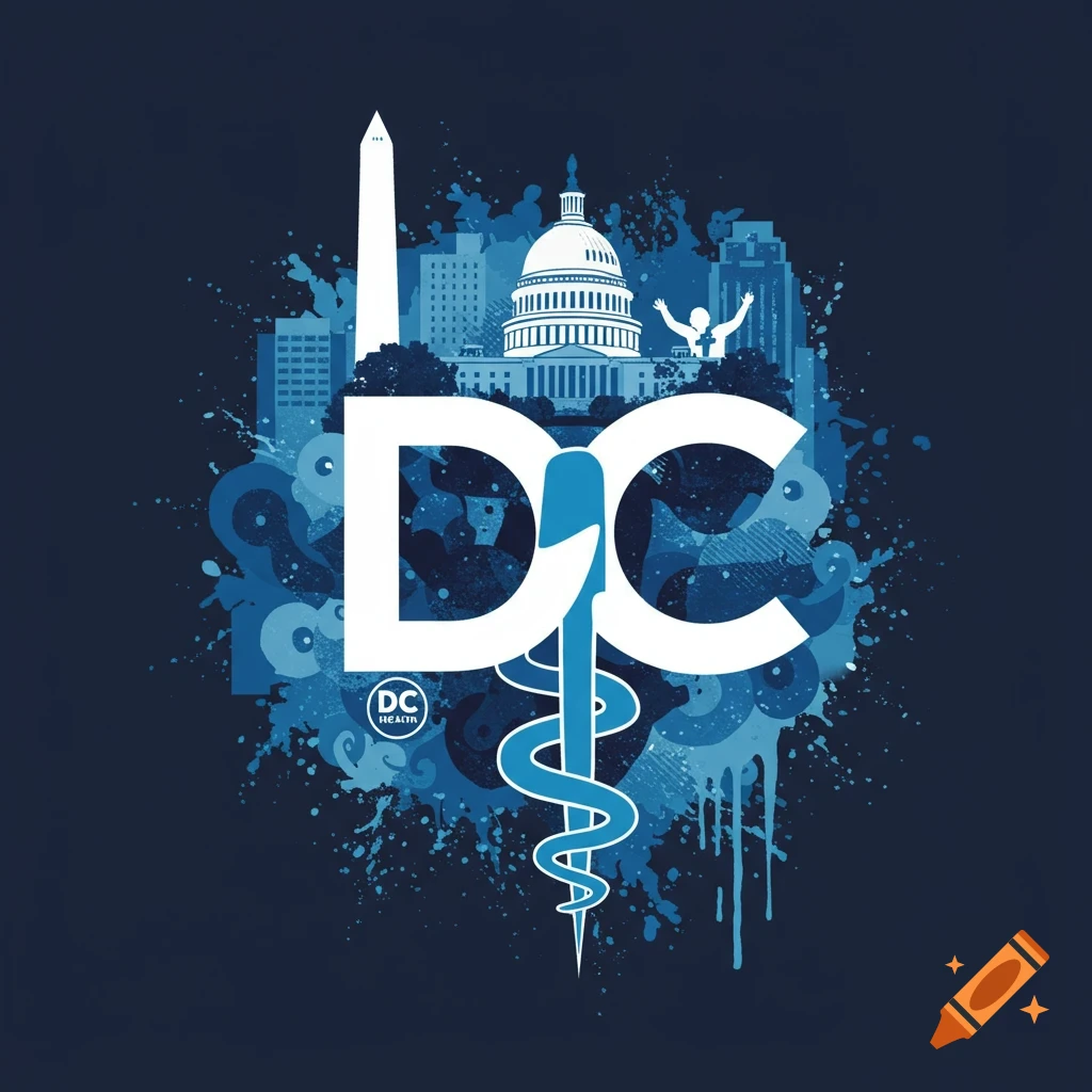 Stylized graphic with white 'DC' text, Washington Monument, Capitol Building, and a blue caduceus, surrounded by blue splatters.