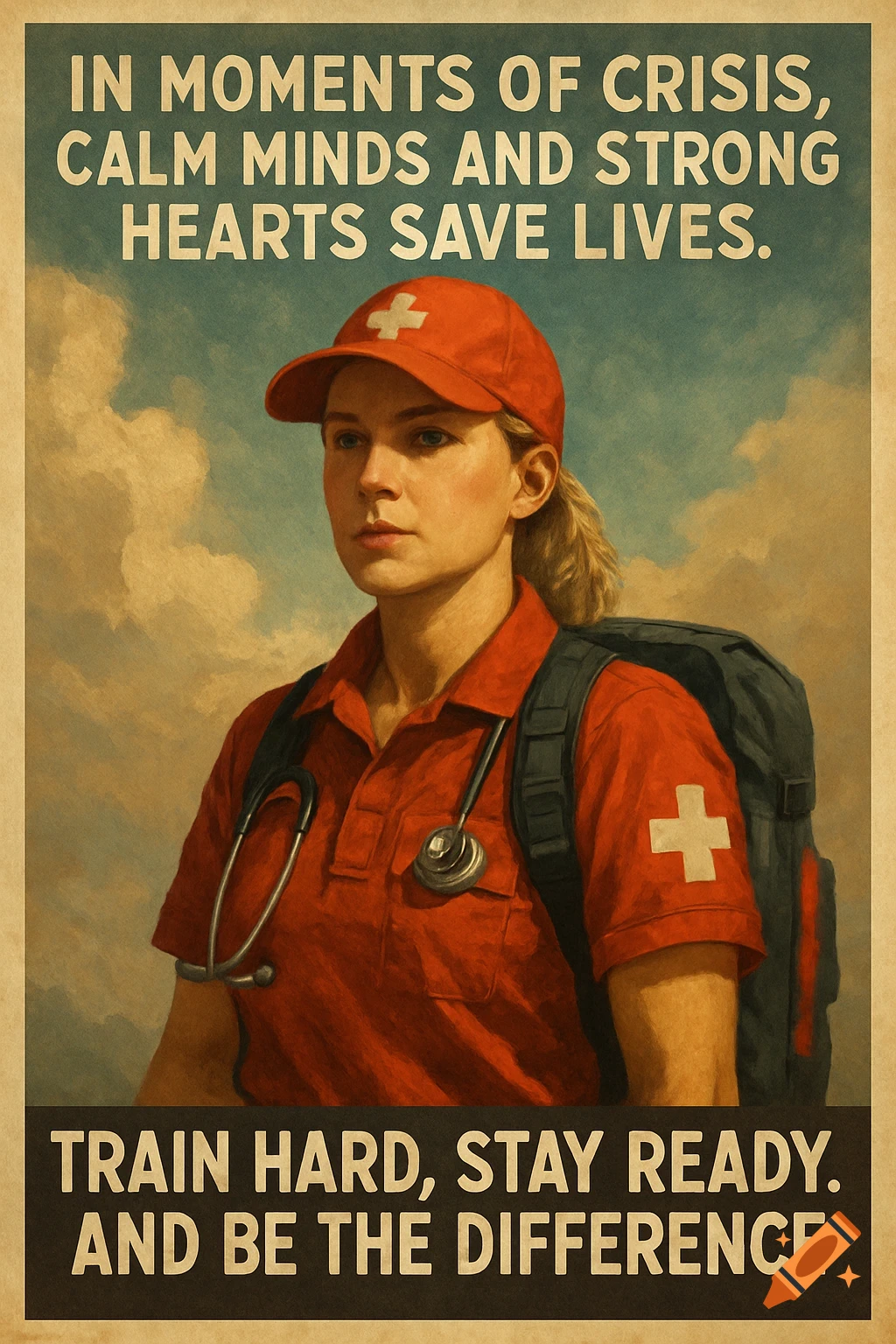 A vintage-style motivational poster depicts a determined woman first-aider in a red uniform with a stethoscope and backpack, against a cloudy sky background, with text about saving lives.