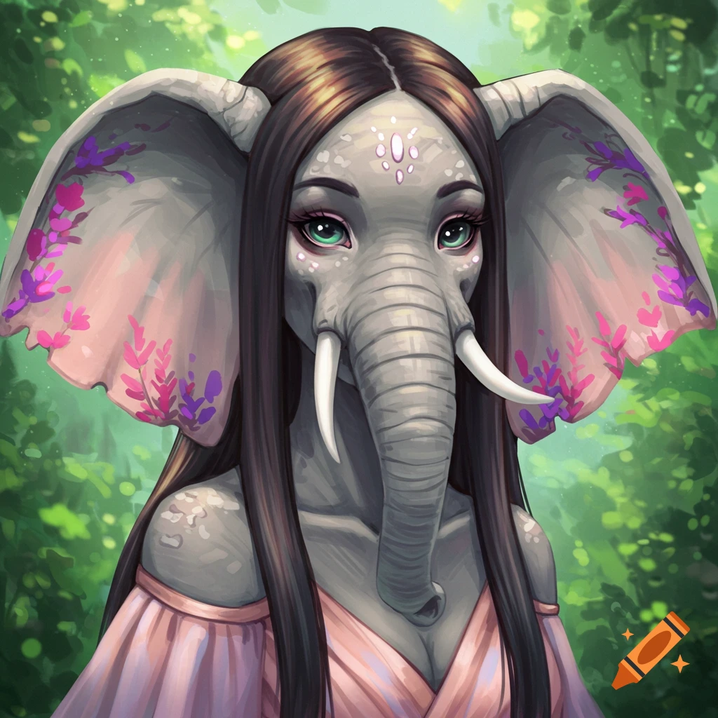 A portrait of an anthropomorphic elephant girl with long dark hair, a trunk, tusks, and large ears with floral designs, wearing a pink dress in a lush green forest.