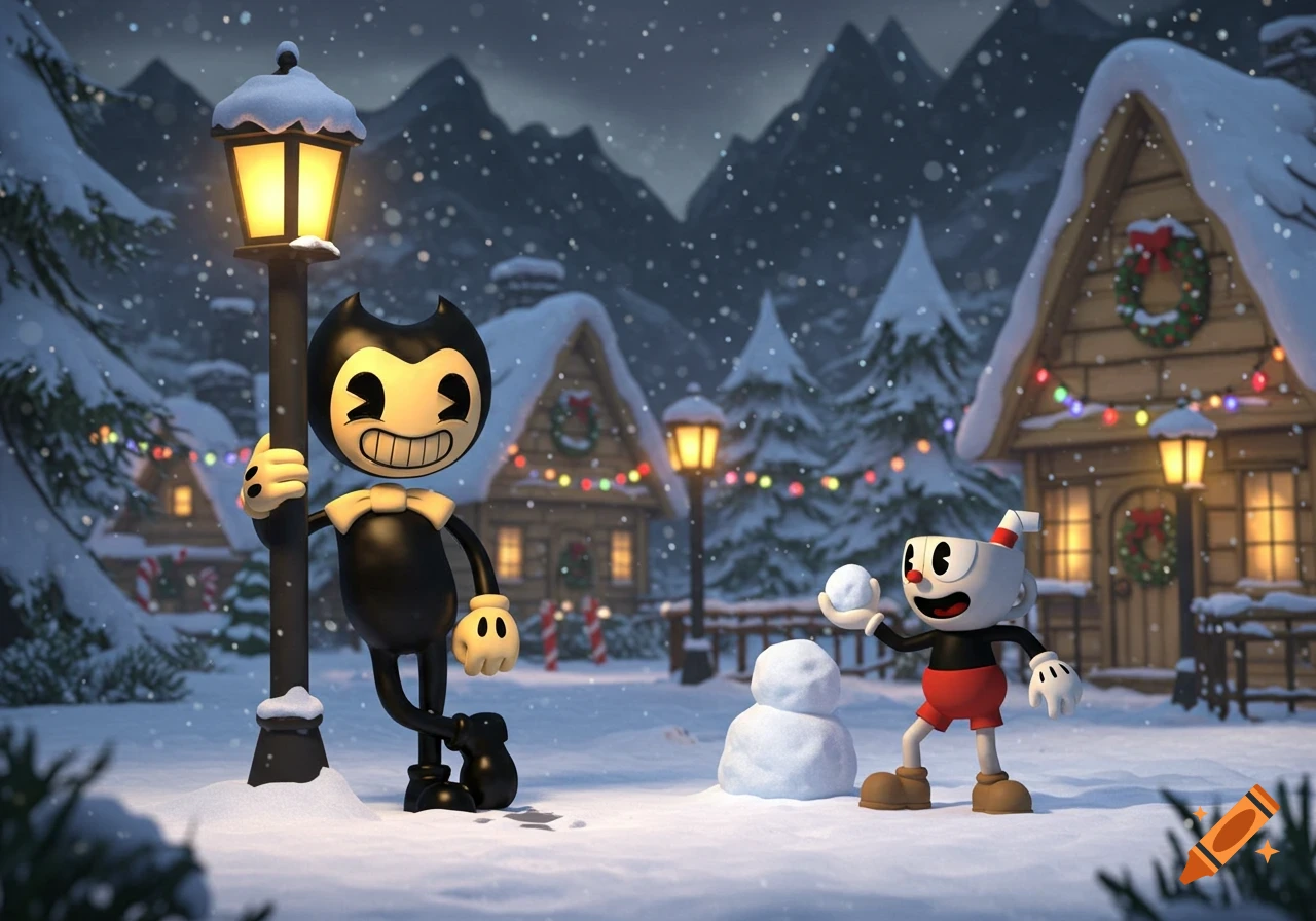 Bendy leans on a lamppost while Cuphead holds a snowball next to a snowman in a snowy Christmas village scene.