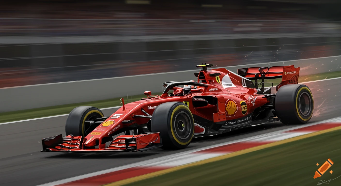 A red Formula 1 race car races on a track with motion blur, featuring sponsor logos.
