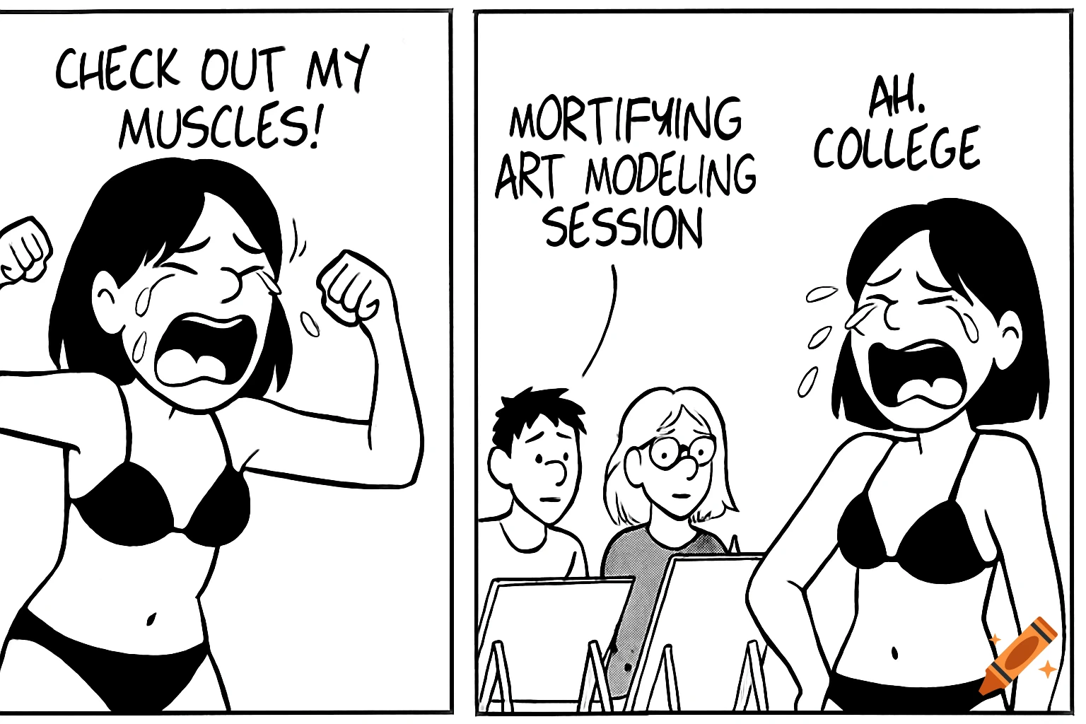 Black and white comic strip of a crying woman in a bikini posing for an art class, with text about her muscles and the mortifying session.