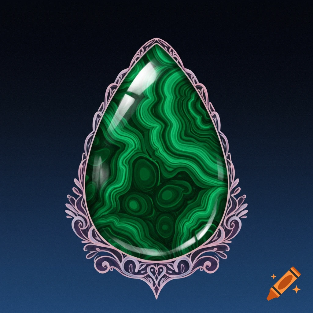 A teardrop-shaped malachite gemstone with intricate green patterns, set in a decorative, ornate light pink border on a dark blue background.