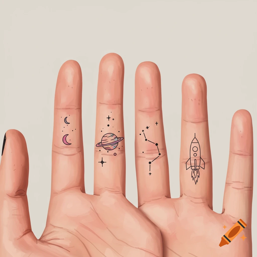 Close-up of five fingers adorned with minimalist space-themed tattoos: moons, a planet, a constellation, and a rocket.