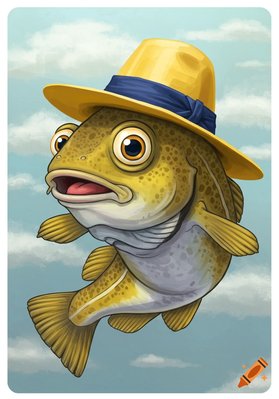 Cartoon codfish wearing a yellow sou'wester hat against a light blue sky with clouds.