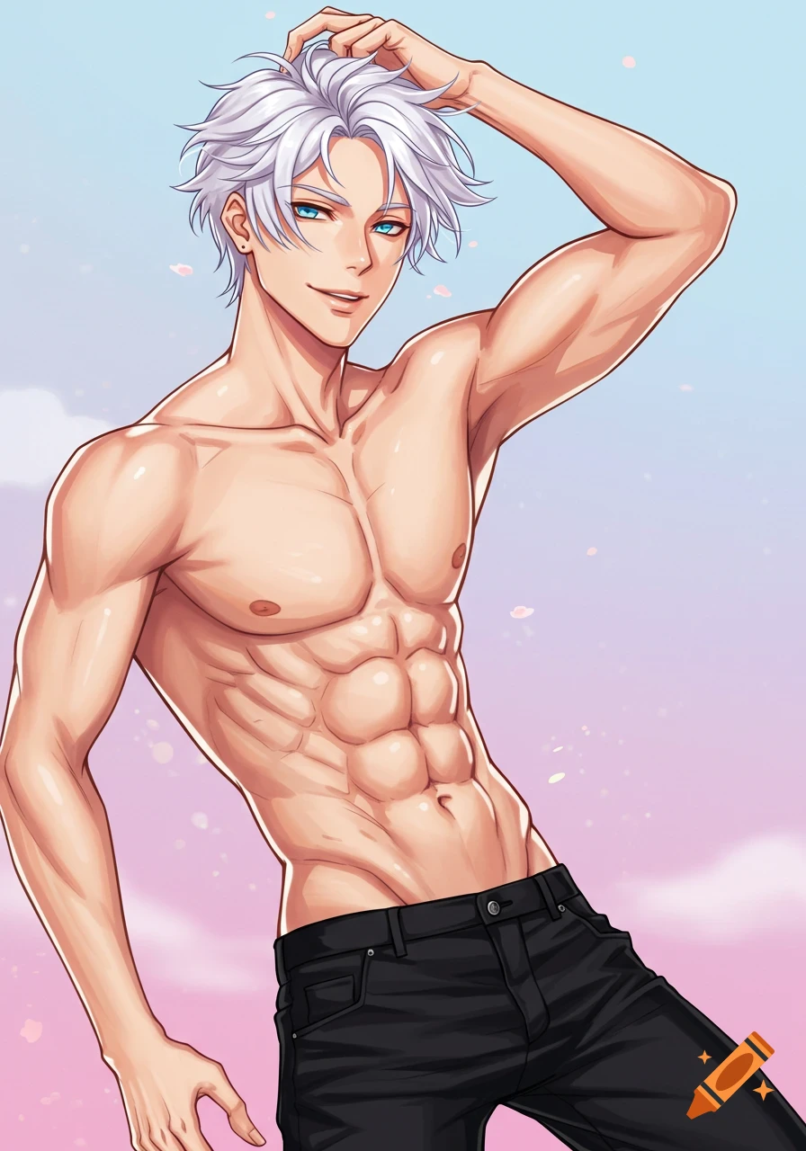 Handsome young anime man with white hair, blue eyes, and abs, posing against a pink and blue sky with falling petals in an anime style illustration.