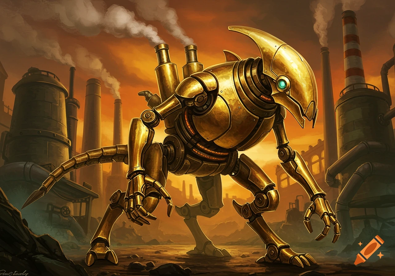 A golden steampunk robot creature with multiple legs and a long tail stands in an industrial wasteland with smoking factories under an orange sky.