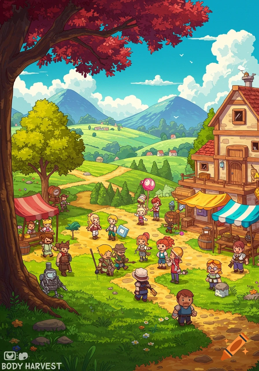 Vibrant cartoon village scene with numerous characters, market stalls, houses, green fields, and mountains under a blue sky, in a game art style.