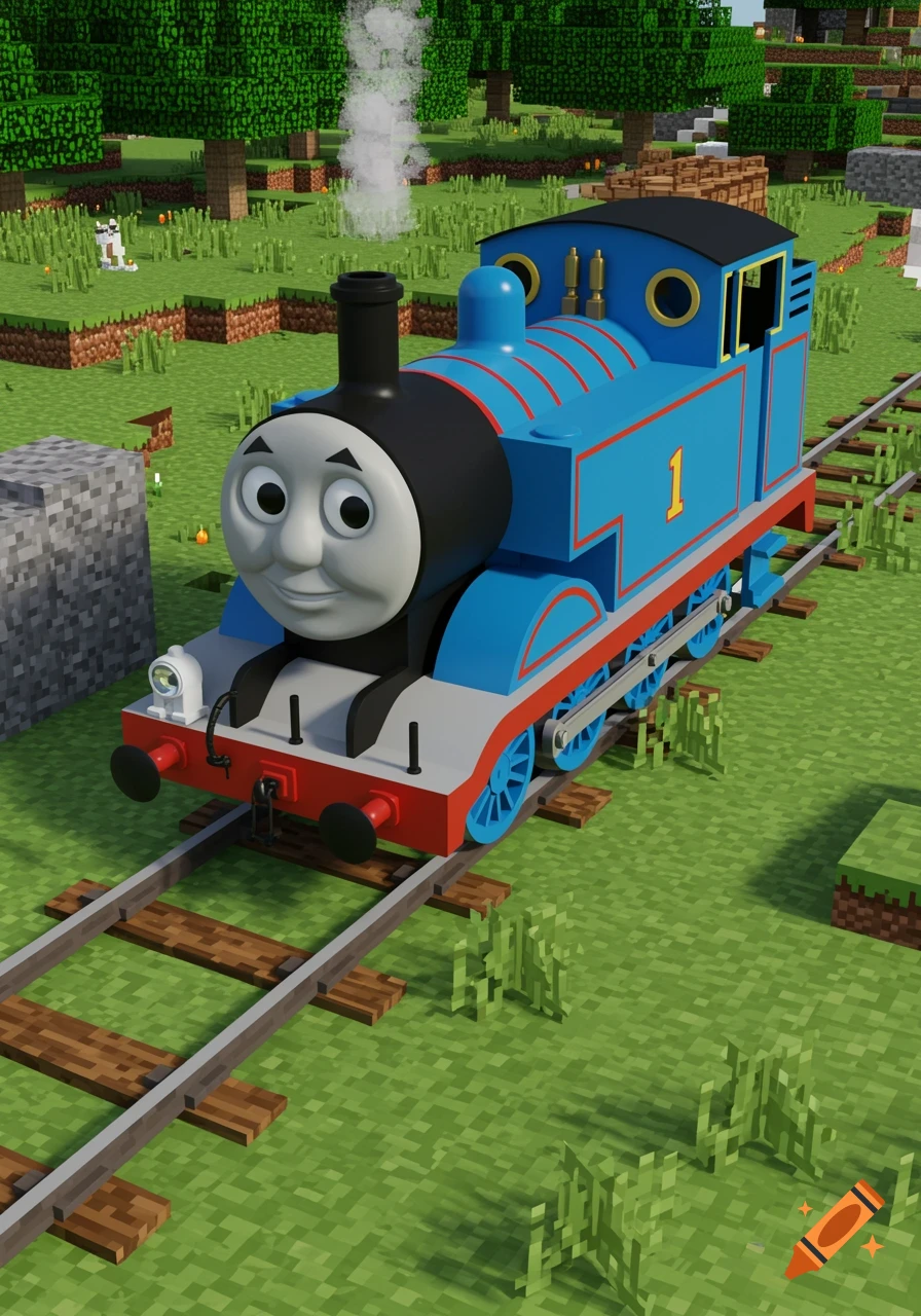 Thomas the Tank Engine stands on tracks in a blocky Minecraft landscape with trees and grass.