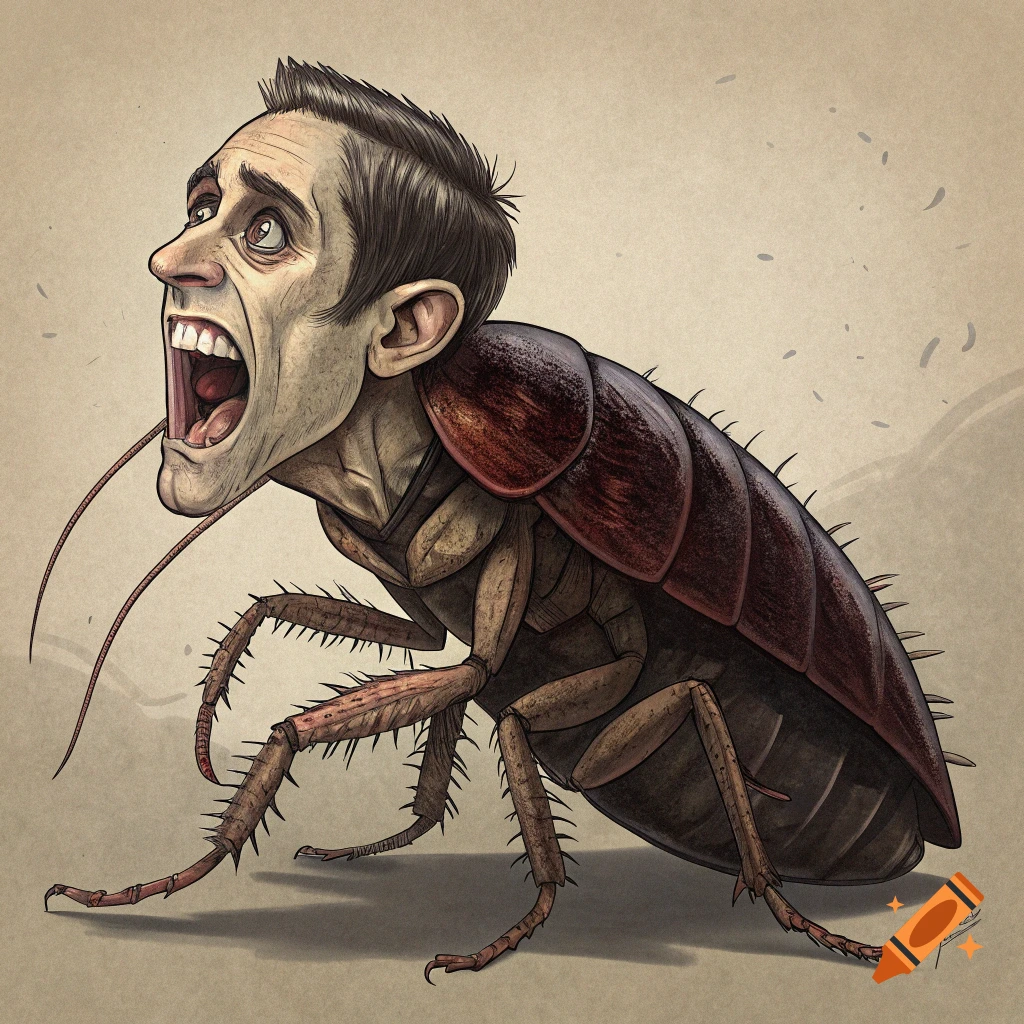 A stylized illustration of a screaming human head on a large brown cockroach body.