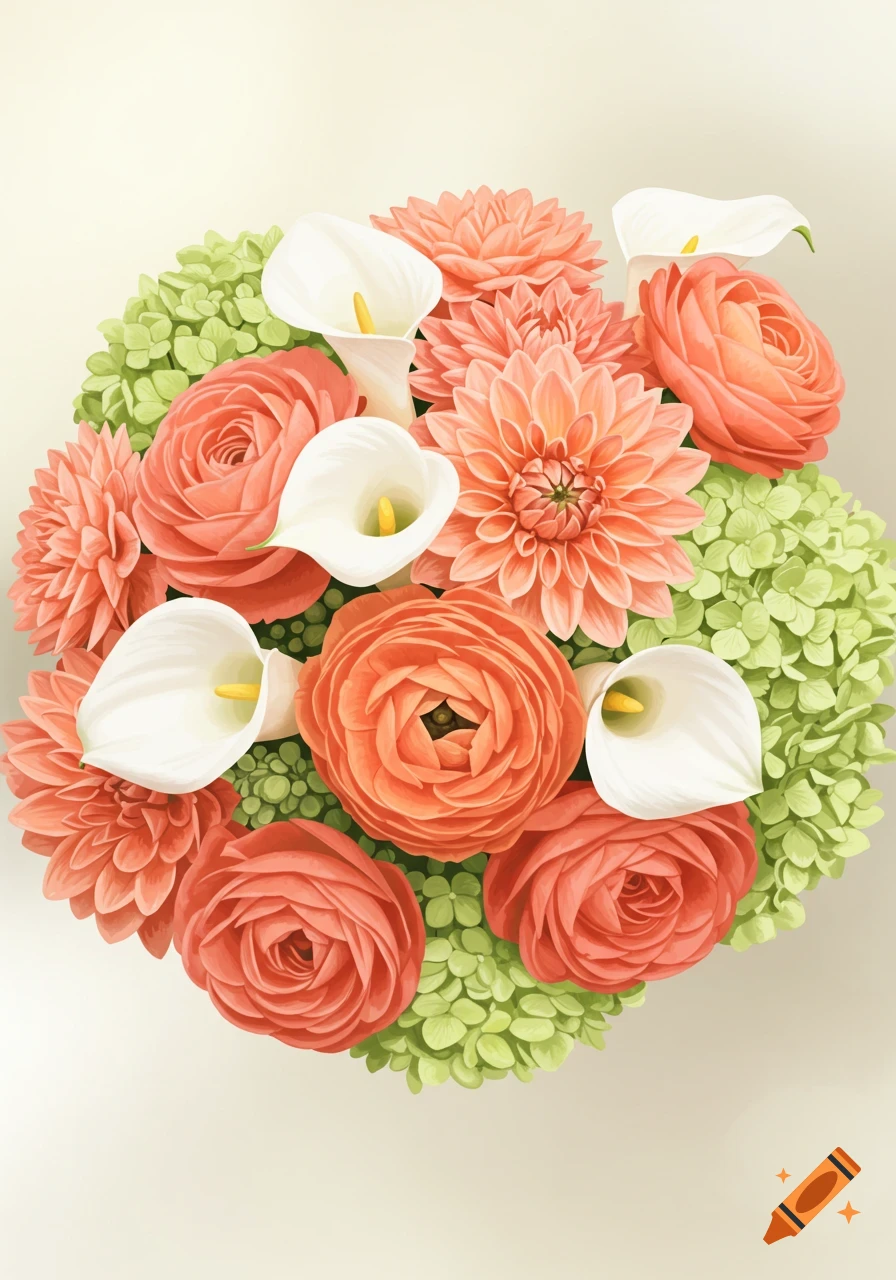 A stylized bouquet featuring peach and coral ranunculus and dahlias, white calla lilies, and light green hydrangeas, against a pale background.